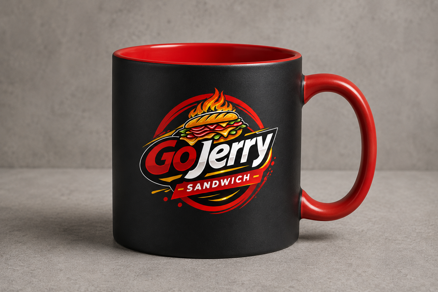 Black and red ceramic mug with the GoJerry sandwich logo